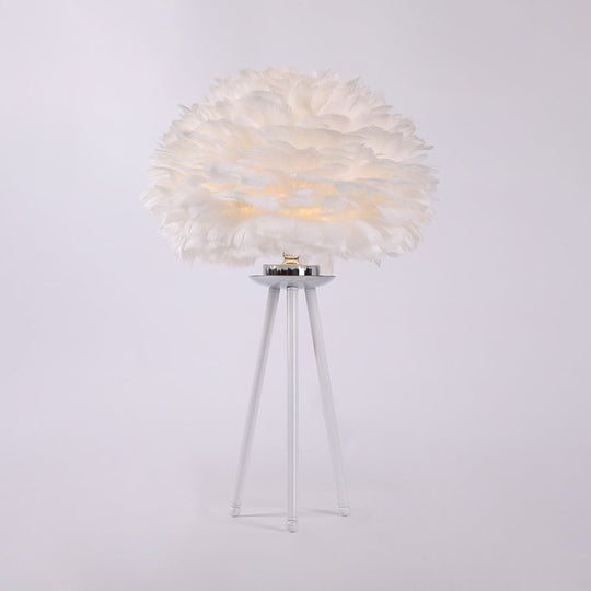 Feather Table Light In White: Modernist Fabric Lamp For Bedside With Tripod Base