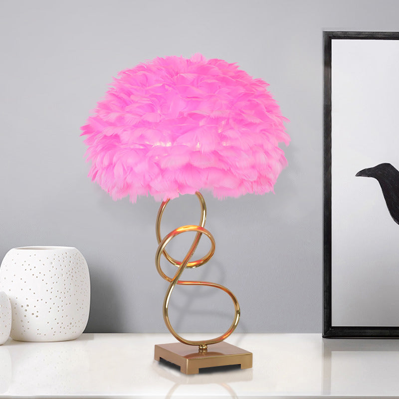 Modern Gold Reading Lamp: Spiral Metal Table Lighting With Pink Feather Fabric Shade