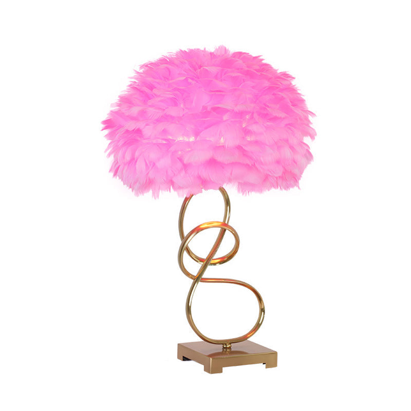 Modern Gold Reading Lamp: Spiral Metal Table Lighting With Pink Feather Fabric Shade