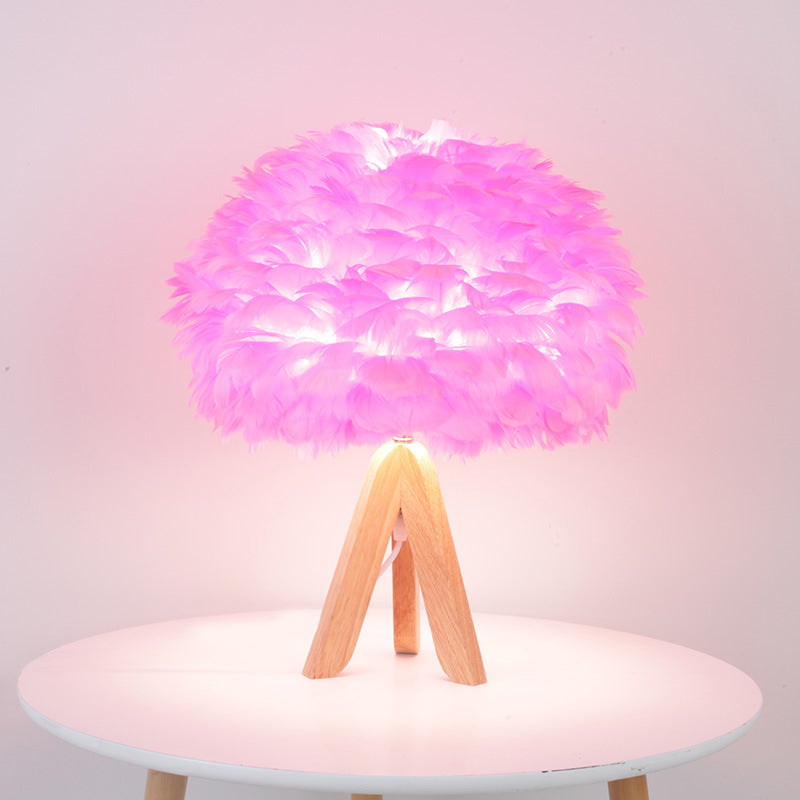 Modern Fabric Feather Desk Lamp: Pink Table Light With Wood Tripod Base