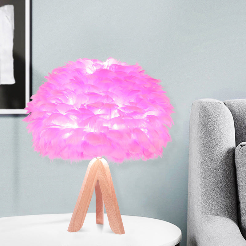 Modern Fabric Feather Desk Lamp: Pink Table Light With Wood Tripod Base