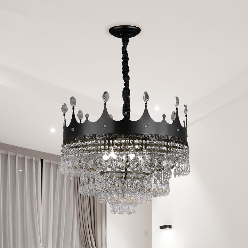 Kids Black Metal Crown Chandelier Lighting With Crystal Drop Decor - 4/5/6 Lights Ideal For Dining