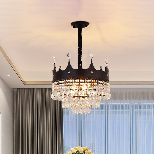 Kids Black Metal Crown Chandelier Lighting With Crystal Drop Decor - 4/5/6 Lights Ideal For Dining