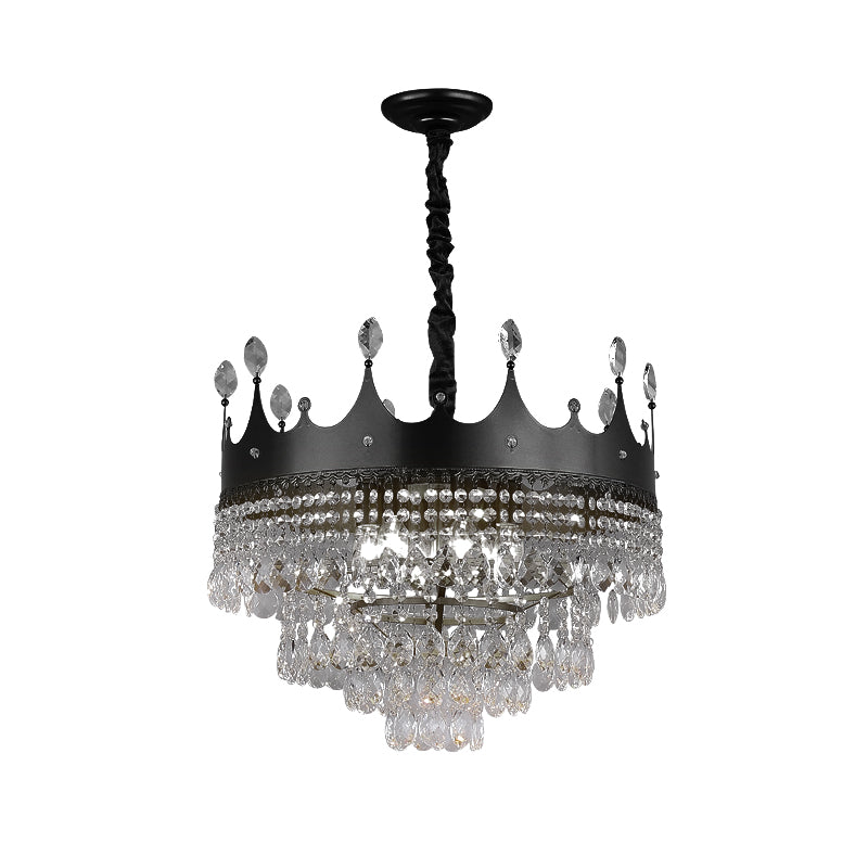 Kids Black Metal Crown Chandelier Lighting With Crystal Drop Decor - 4/5/6 Lights Ideal For Dining