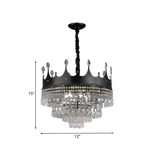 Kids Black Metal Crown Chandelier Lighting With Crystal Drop Decor - 4/5/6 Lights Ideal For Dining