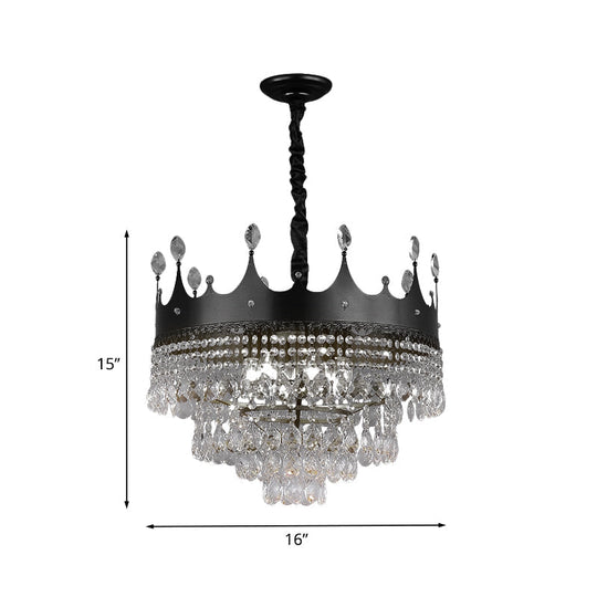 Kids Black Metal Crown Chandelier Lighting With Crystal Drop Decor - 4/5/6 Lights Ideal For Dining