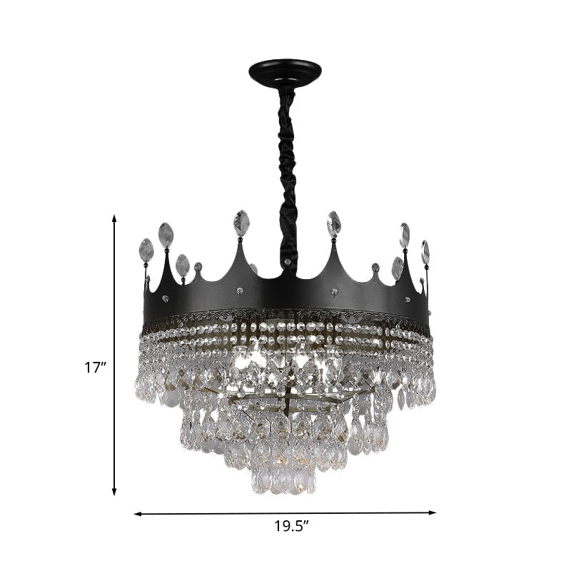 Kids Black Metal Crown Chandelier Lighting With Crystal Drop Decor - 4/5/6 Lights Ideal For Dining