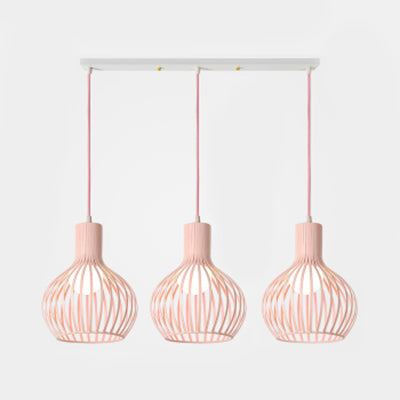 Wire Dome Shade Industrial Ceiling Light with 3 Bulbs - Grey/Pink for Dining Room Hanging