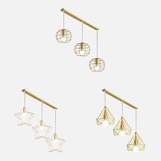 Industrial Iron Hanging Ceiling Light With Wire Frame - Golden Globe Diamond And Star Shades 3-Head