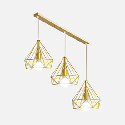 Industrial Iron Hanging Ceiling Light With Wire Frame - Golden Globe Diamond And Star Shades 3-Head