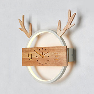 Acrylic Led Wall Sconce With Creative Deer Horn Foyer Design And Fake Clock Décor White / Warm