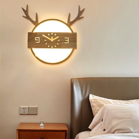 Acrylic Led Wall Sconce With Creative Deer Horn Foyer Design And Fake Clock Décor