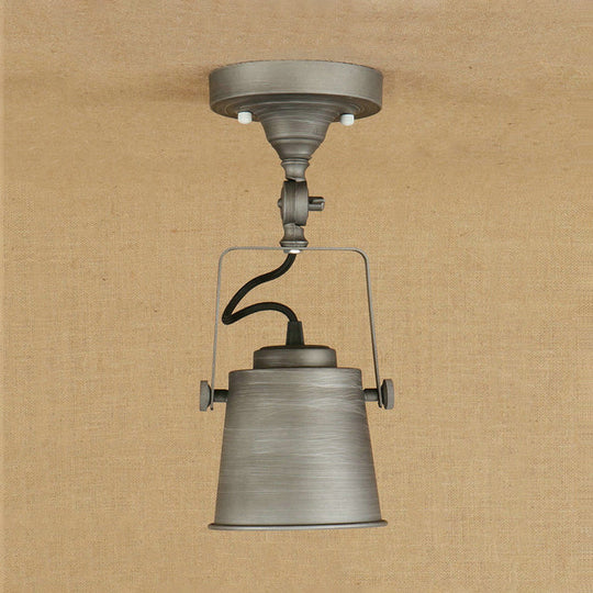 Antique Metal Bucket Shade Ceiling Lamp - Rotatable Semi Flush Pendant Light For Living Rooms 1 Bulb