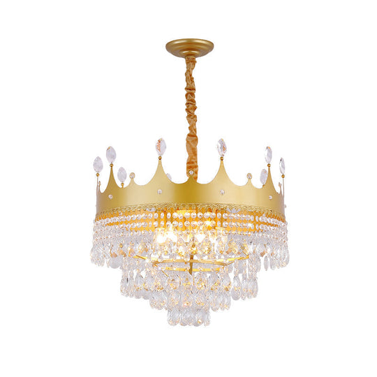 Gold Crown Chandelier: Metallic Kids Pendant Light With Crystal Drops