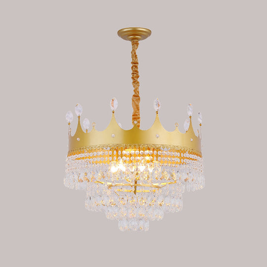 Gold Crown Chandelier: Metallic Kids Pendant Light With Crystal Drops