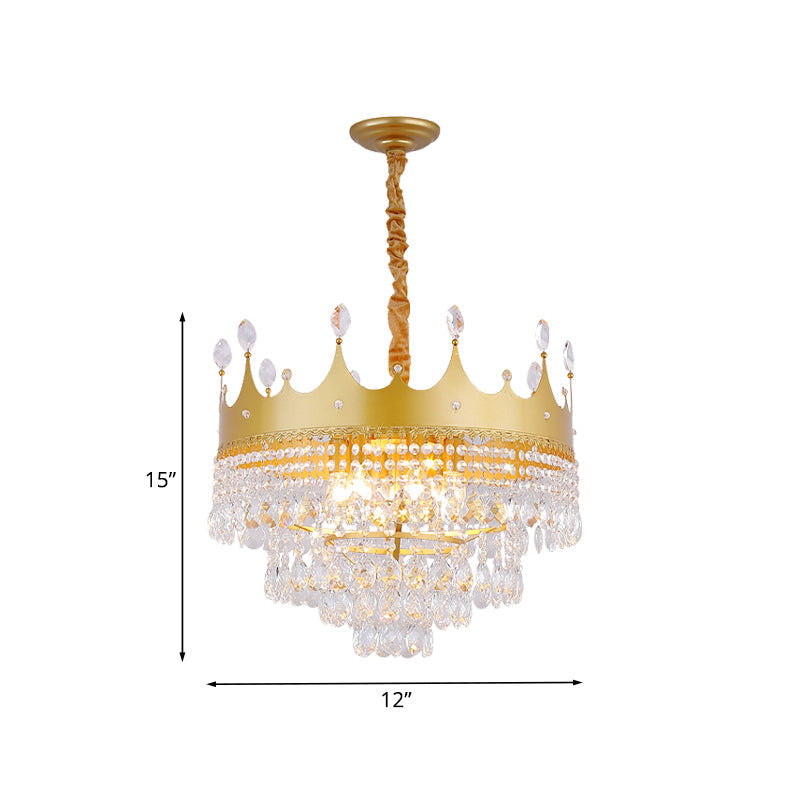 Gold Crown Chandelier: Metallic Kids Pendant Light With Crystal Drops