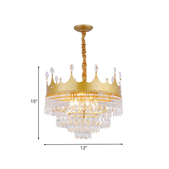 Gold Crown Chandelier: Metallic Kids Pendant Light With Crystal Drops