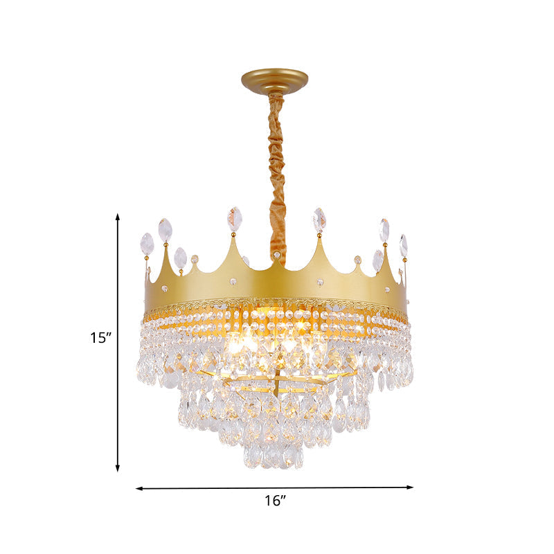 Gold Crown Chandelier: Metallic Kids Pendant Light With Crystal Drops