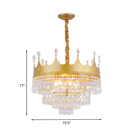 Gold Crown Chandelier: Metallic Kids Pendant Light With Crystal Drops