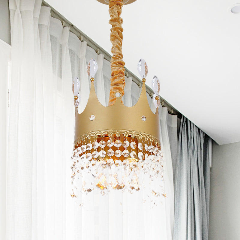 Gold Crown Chandelier: Metallic Kids Pendant Light With Crystal Drops