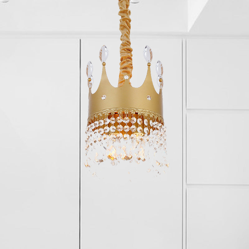 Gold Crown Chandelier: Metallic Kids Pendant Light With Crystal Drops