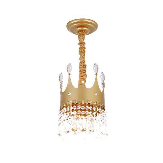 Gold Crown Chandelier: Metallic Kids Pendant Light With Crystal Drops