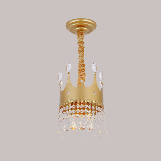 Gold Crown Chandelier: Metallic Kids Pendant Light With Crystal Drops