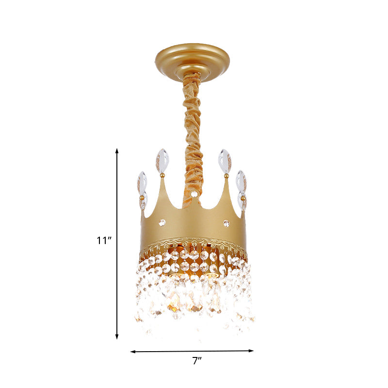 Gold Crown Chandelier: Metallic Kids Pendant Light With Crystal Drops