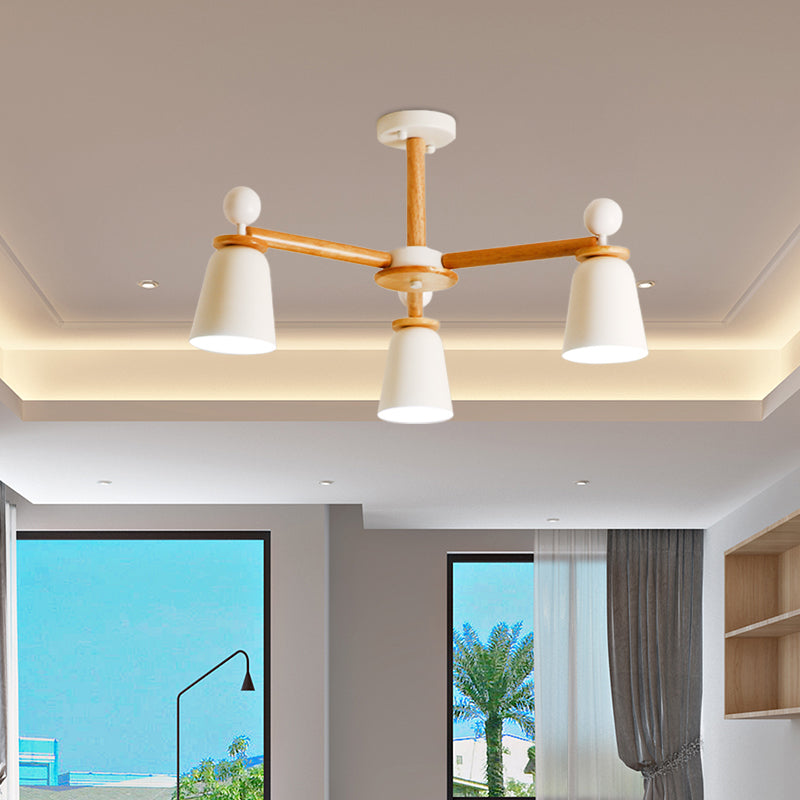 White Bell Semi Flush Modernist Ceiling Lamp, Wood Arm, 3/6 Lights