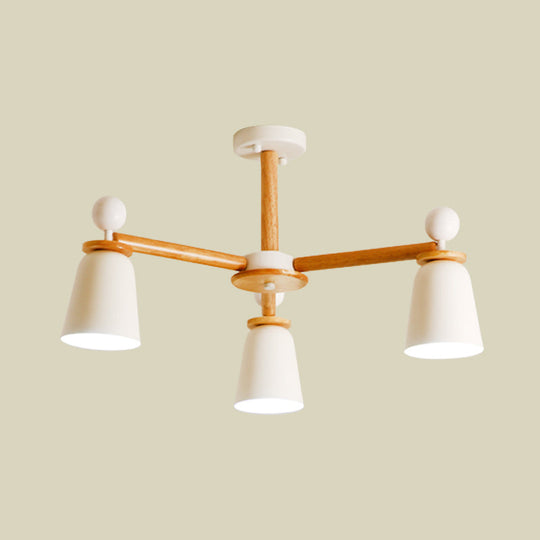 White Bell Semi Flush Modernist Ceiling Lamp, Wood Arm, 3/6 Lights