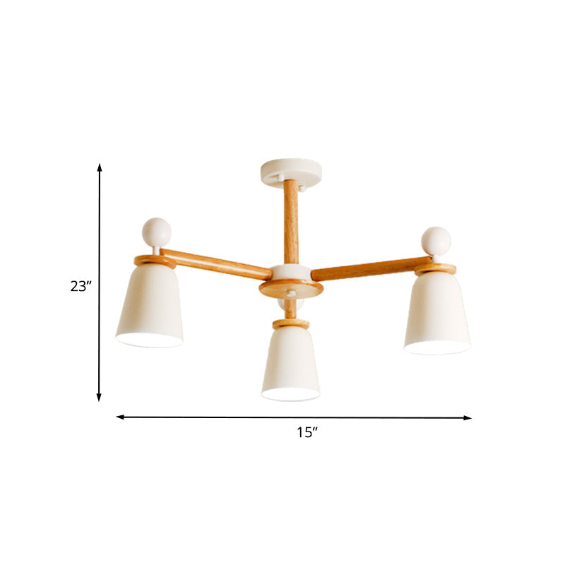 White Bell Semi Flush Modernist Ceiling Lamp, Wood Arm, 3/6 Lights