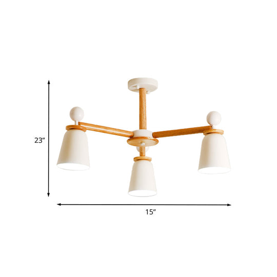 White Bell Semi Flush Modernist Ceiling Lamp, Wood Arm, 3/6 Lights