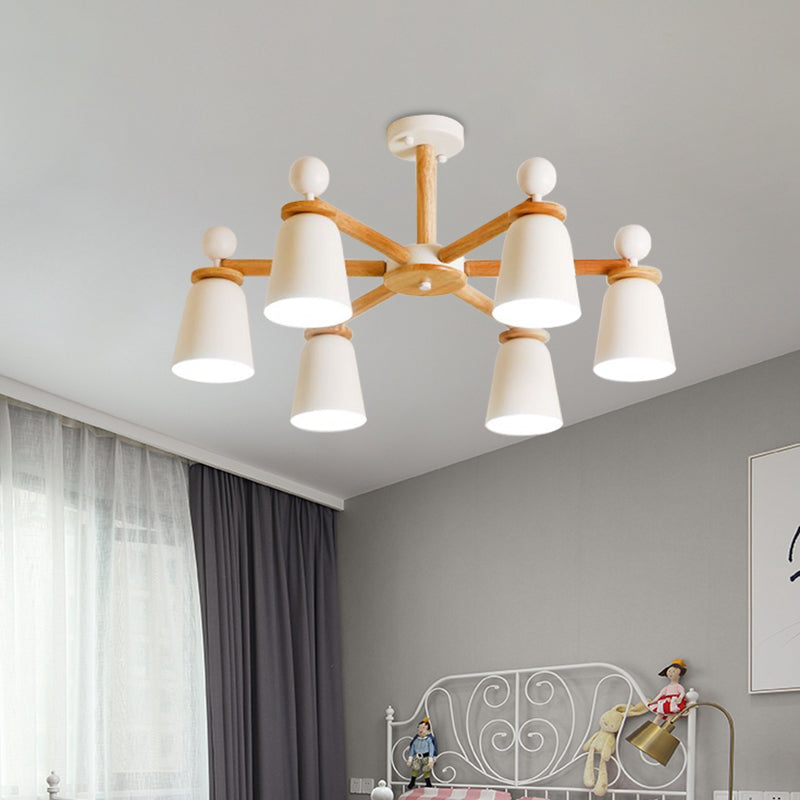 White Bell Semi Flush Modernist Ceiling Lamp, Wood Arm, 3/6 Lights