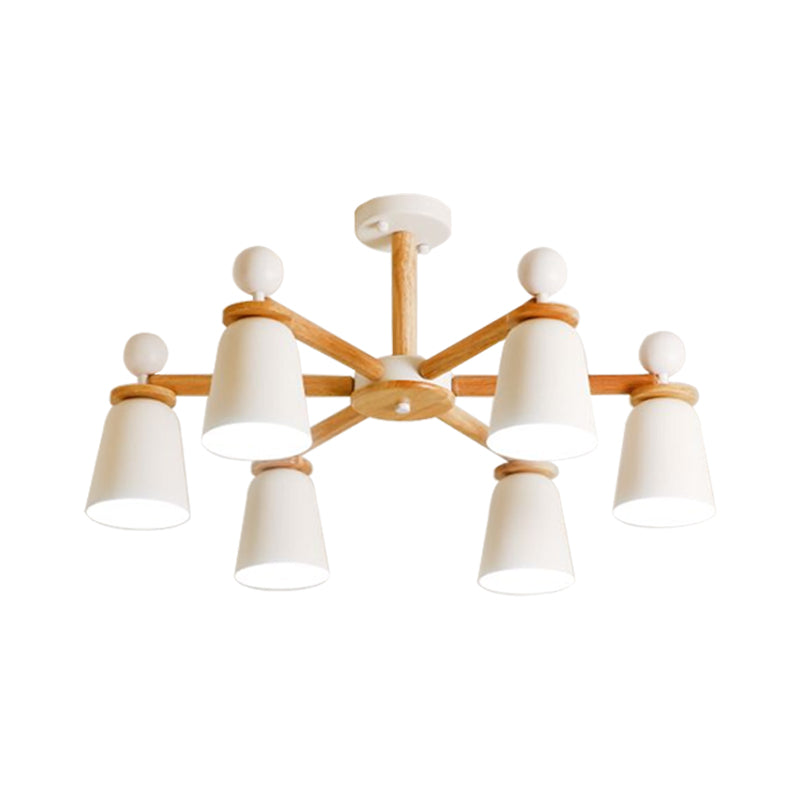 White Bell Semi Flush Modernist Ceiling Lamp, Wood Arm, 3/6 Lights