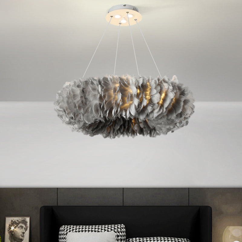 Modern Feather Suspended Pendant Lamp - Loop Chandelier, 3/6-Light, White/Grey/Pink