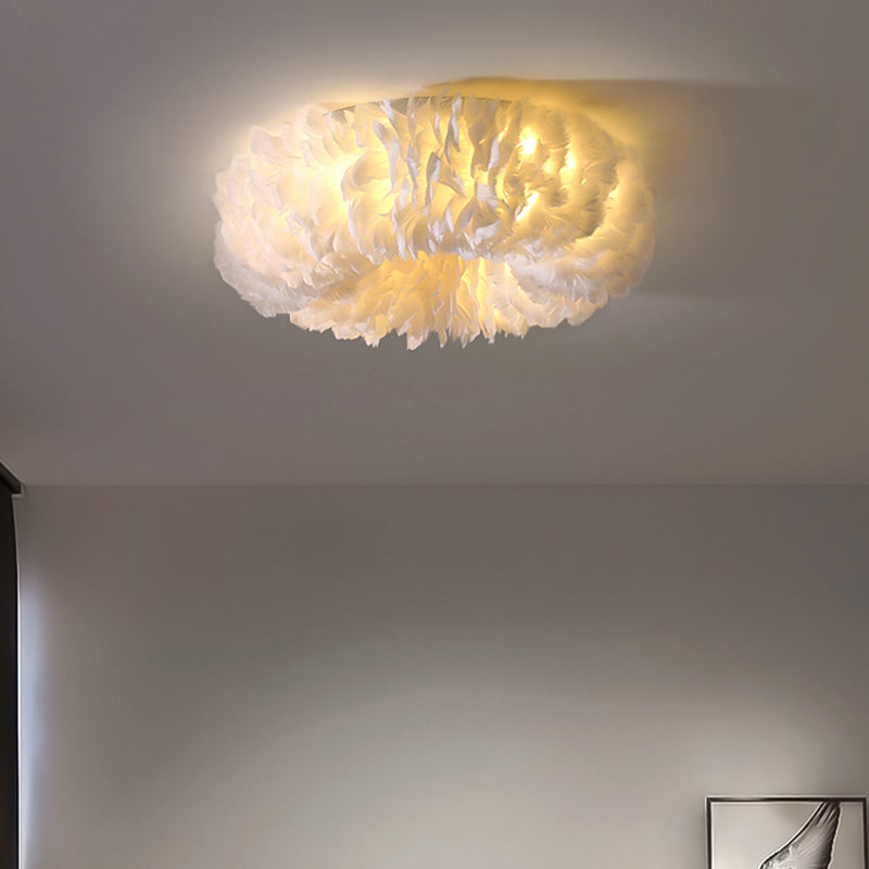 Modern Feather Flushmount Ceiling Light With 3/6 Fabric Heads In White/Grey/Pink For Bedroom