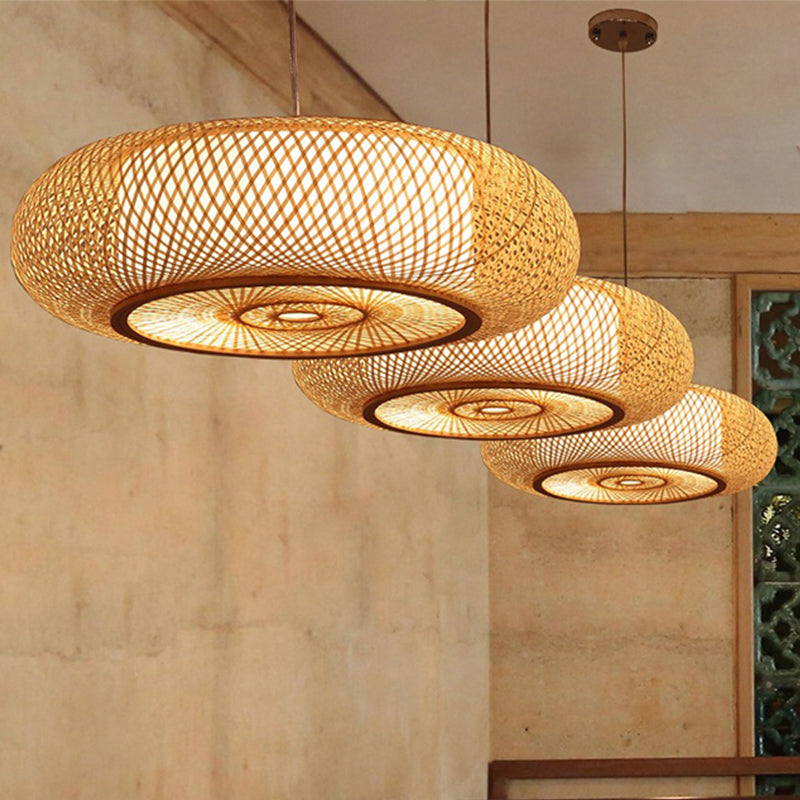 Curved Drum Pendant Lighting: Bamboo Wood Ceiling Hanging Light With Tradition-Inspired Design 2/3