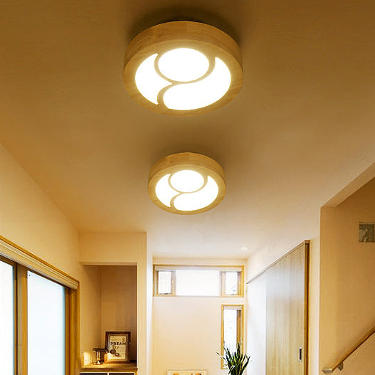 Japanese Style Wooden LED Flush Ceiling Light in Beige for Hallway Porch