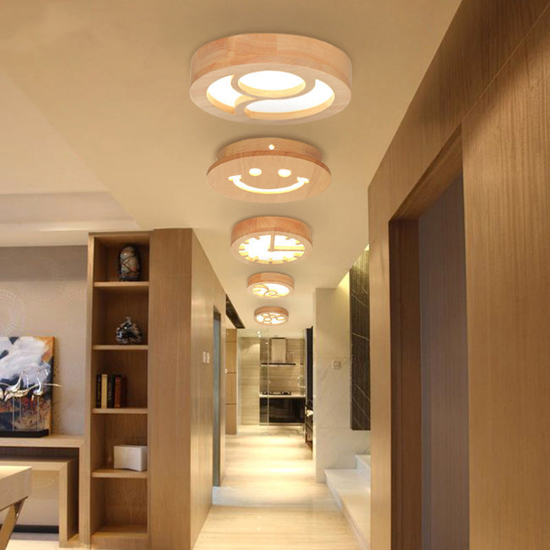 Japanese Style Wooden LED Flush Ceiling Light in Beige for Hallway Porch