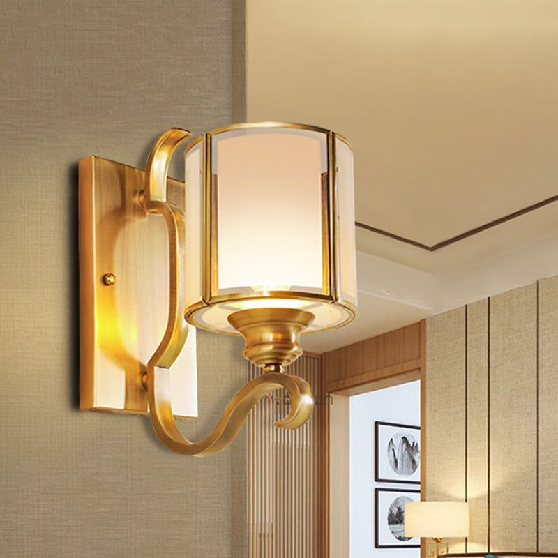 Translucent Glass Cylinder Sconce Vintage Wall Lamp Fixture With Curved Arm - Gold 1/2-Light Corner