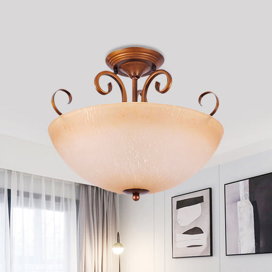 Beige Glass Bowl/Bell Semi Mount Ceiling Light - Country Style 3-Light Fixture for Living Room