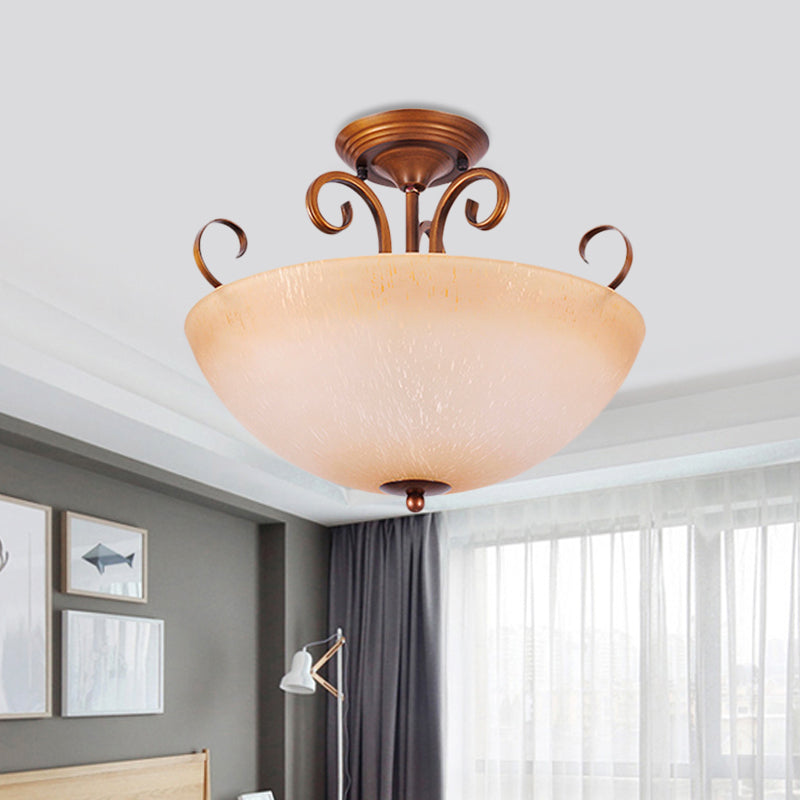 Beige Glass Bowl/Bell Semi Mount Ceiling Light - Country Style 3-Light Fixture for Living Room