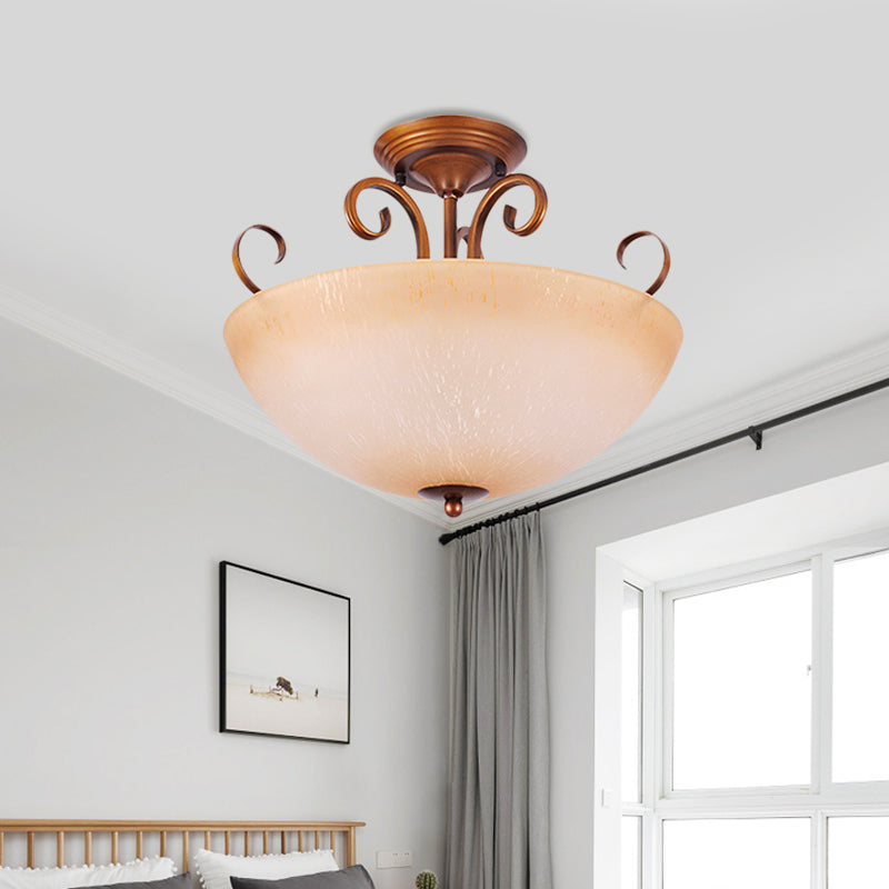 Beige Glass Bowl/Bell Semi Mount Ceiling Light - Country Style 3-Light Fixture for Living Room