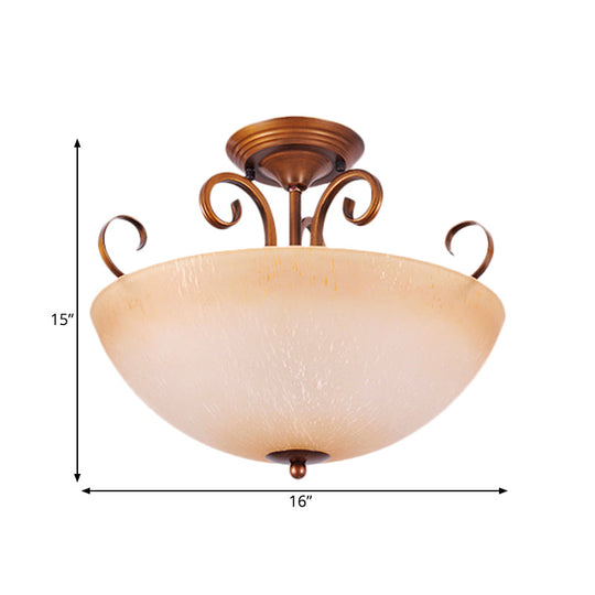 Beige Glass Bowl/Bell Semi Mount Ceiling Light - Country Style 3-Light Fixture for Living Room