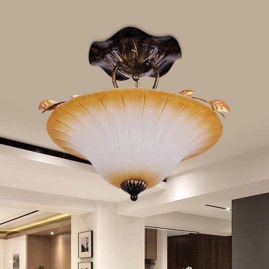 Beige Glass Bowl/Bell Semi Mount Ceiling Light - Country Style 3-Light Fixture for Living Room