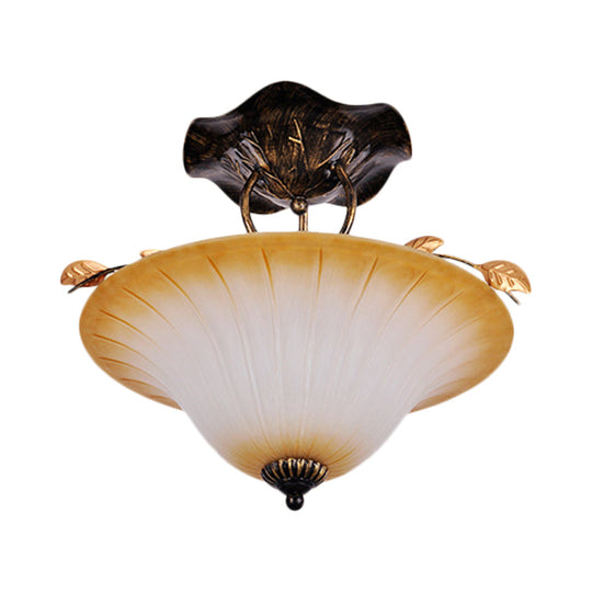 Beige Glass Bowl/Bell Semi Mount Ceiling Light - Country Style 3-Light Fixture for Living Room