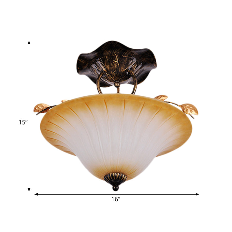 Beige Glass Bowl/Bell Semi Mount Ceiling Light - Country Style 3-Light Fixture for Living Room