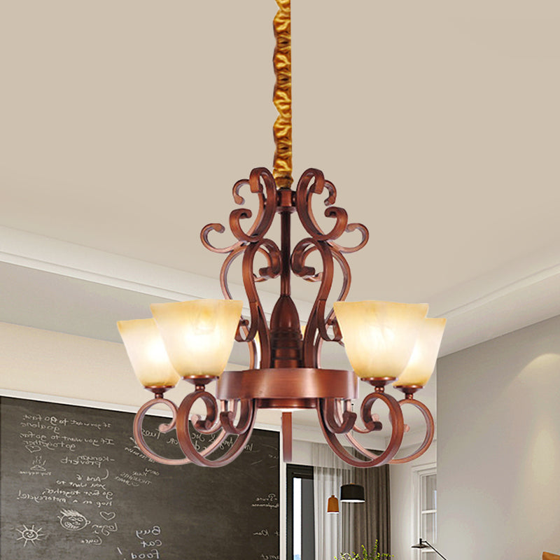 Rustic Beige Glass Chandelier: 6/9-Head Pendant Light In Brass With Swooping Arm