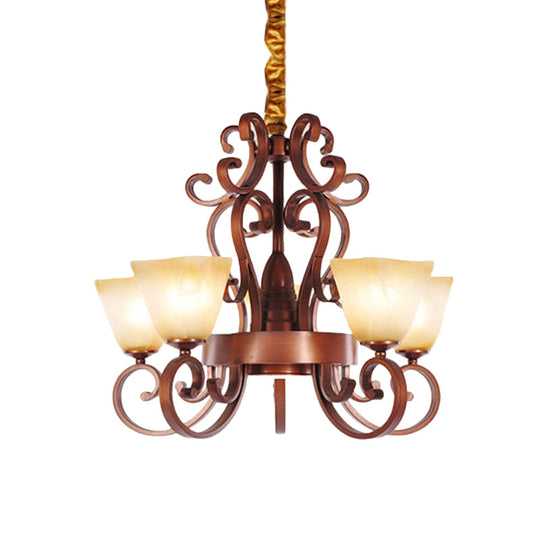 Rustic Beige Glass Chandelier: 6/9-Head Pendant Light In Brass With Swooping Arm