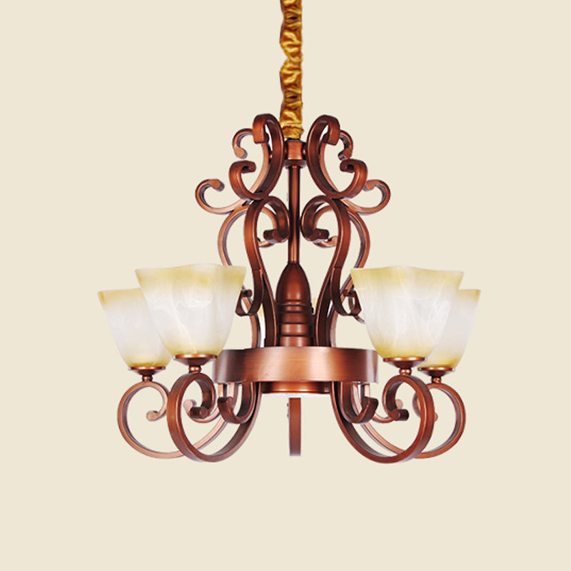 Rustic Beige Glass Chandelier: 6/9-Head Pendant Light In Brass With Swooping Arm